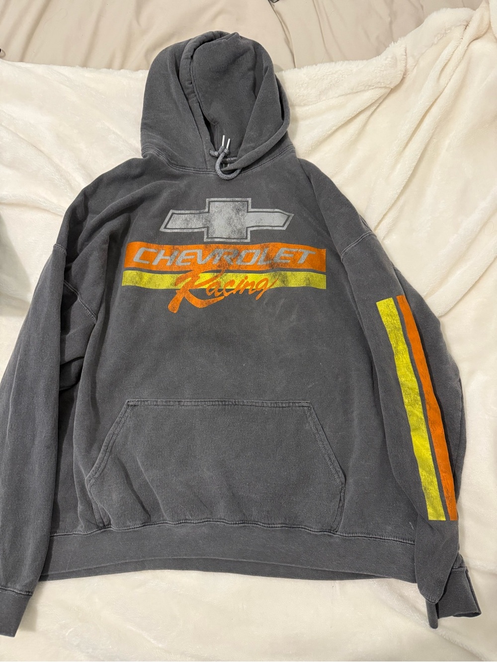 Urban Outfitters Charcoal Chevrolet Racing Hoodie with Orange & Yellow Stripes